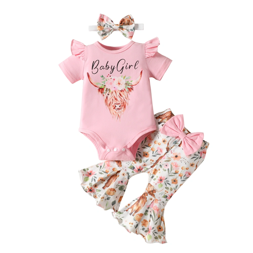 Baby Pants Sets Letter Cattle Head Print Romper Pants Headband Set