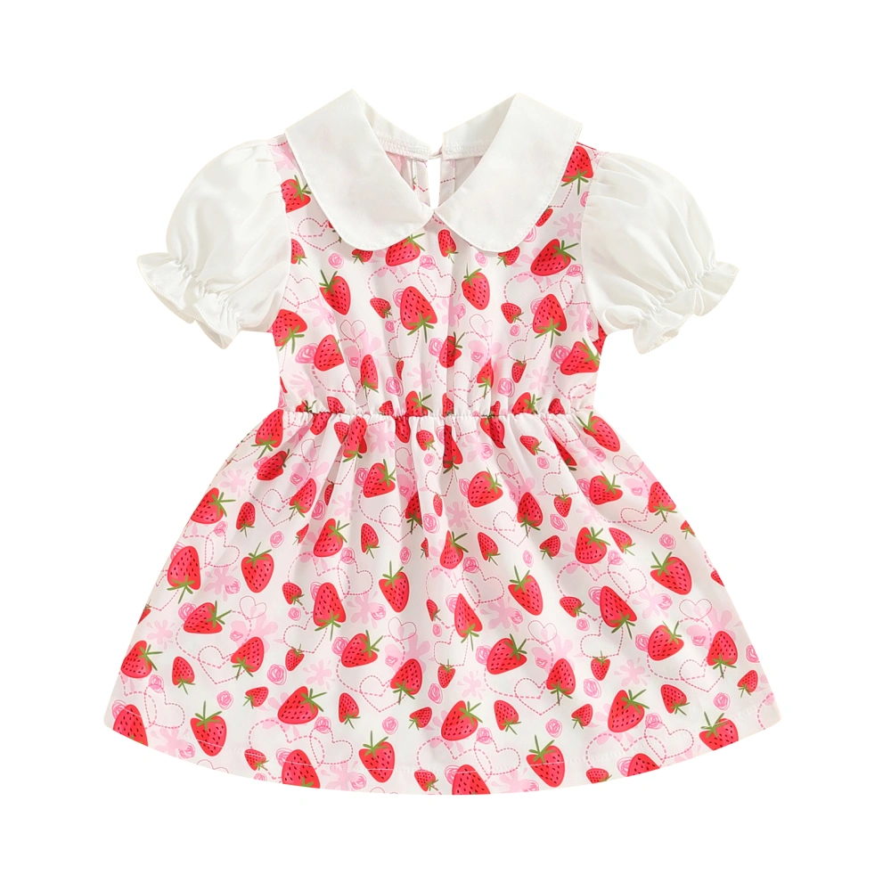 Baby Girl Cute Doll Collar Puff Sleeve Strawberry Print Summer Dress 