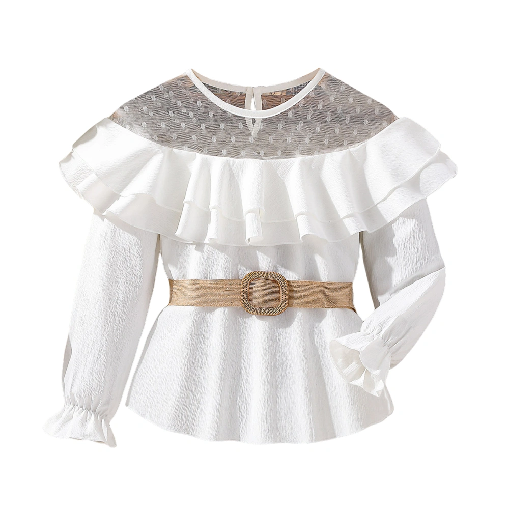 Girls T-shirt, Long Sleeve See-through Ruffled Tops Clothes with Belt