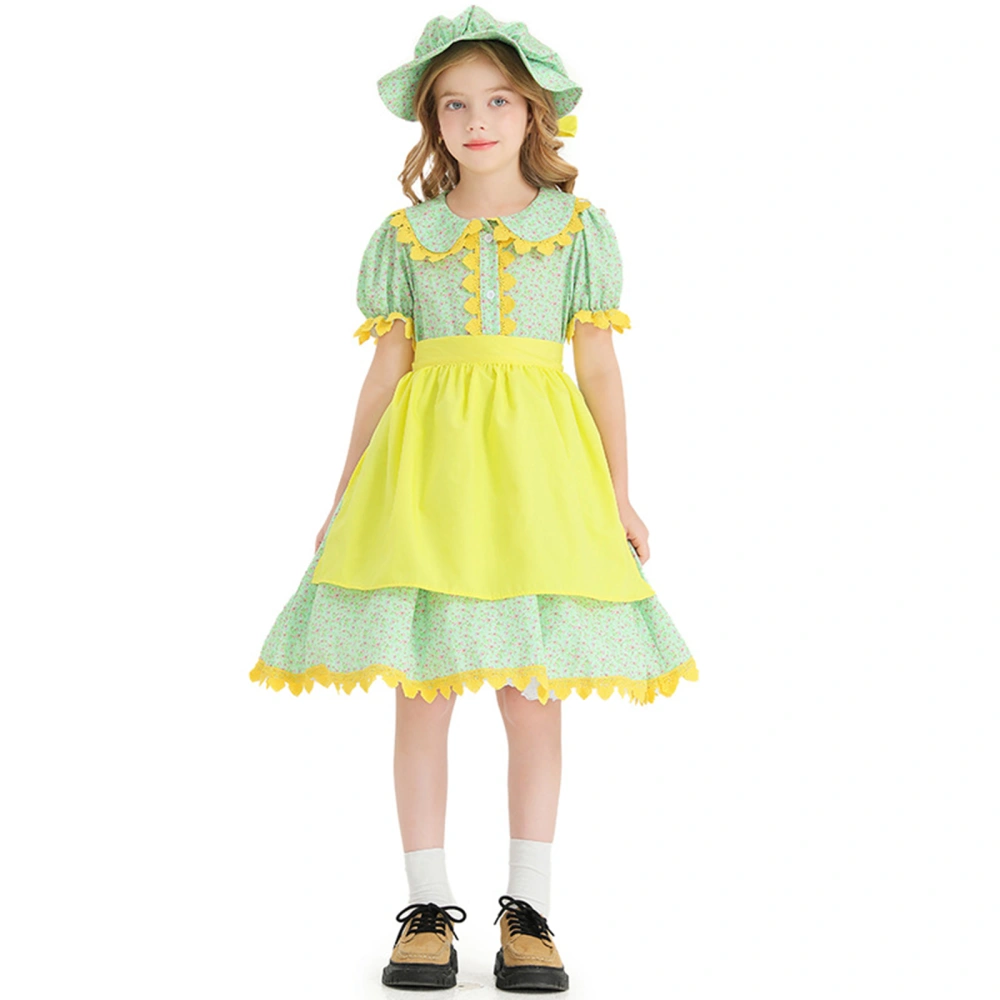 Girls Pioneer Dress Puff Sleeve Colonial Dress Apron Hat Set