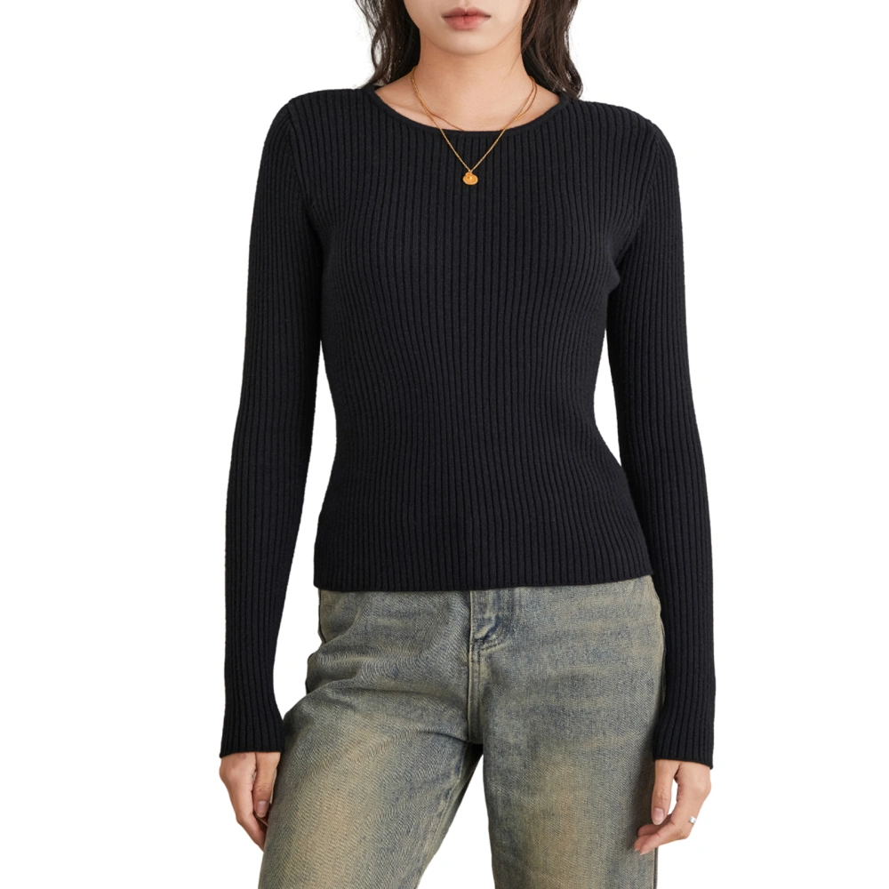 Women's Ribbed Knit Tops Long Sleeve Crew Neck Solid Color Sweaters