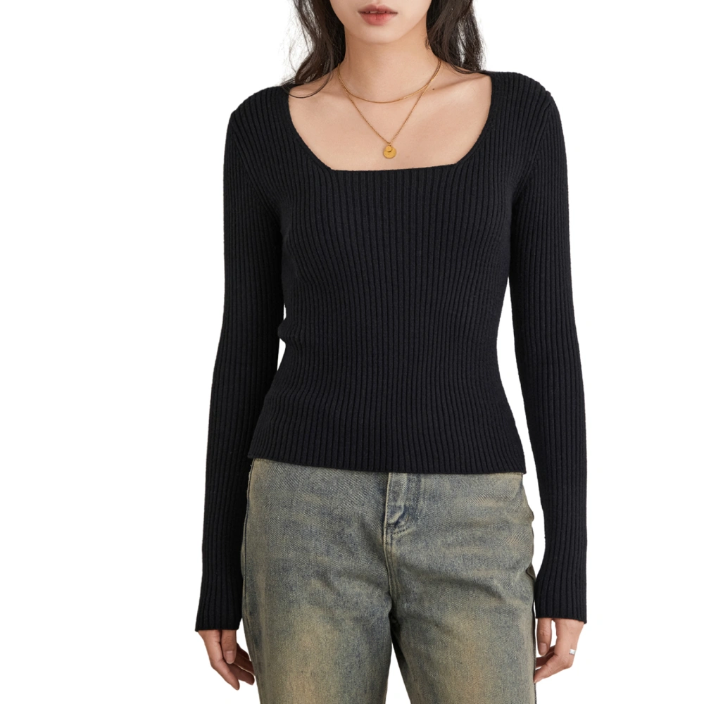 Women Knit Tops, Elegant Long Sleeve Square Neck Ribbed Fall T-shirt