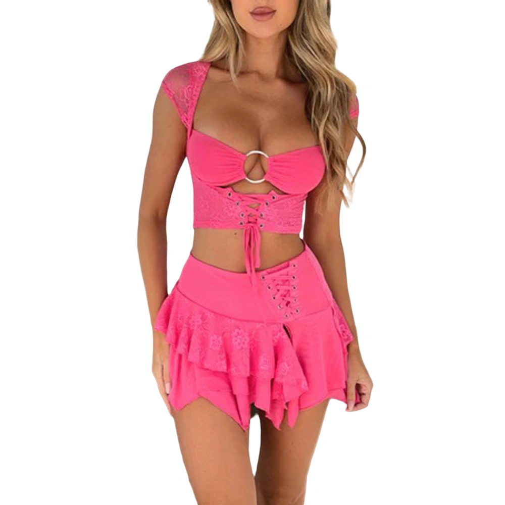 Women Skirt Outfits Hollow Bandage Crop Tops Pink Pleated Skirt Set