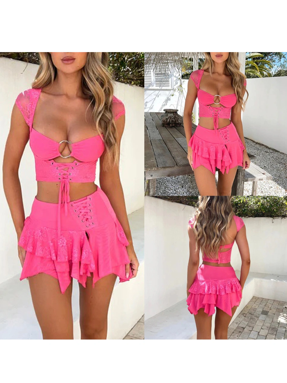 Women Skirt Outfits Hollow Bandage Crop Tops Pink Pleated Skirt Set