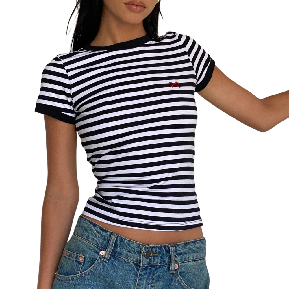 Women Summer Striped T-Shirt Bow Embroidered Short Sleeve Tops 