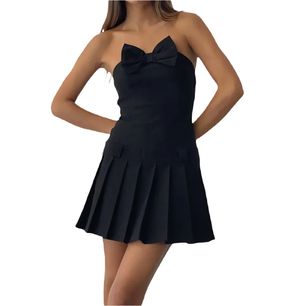 Women Black Mini Dress Sleeveless Off Shoulder Bow Tube Top Dress