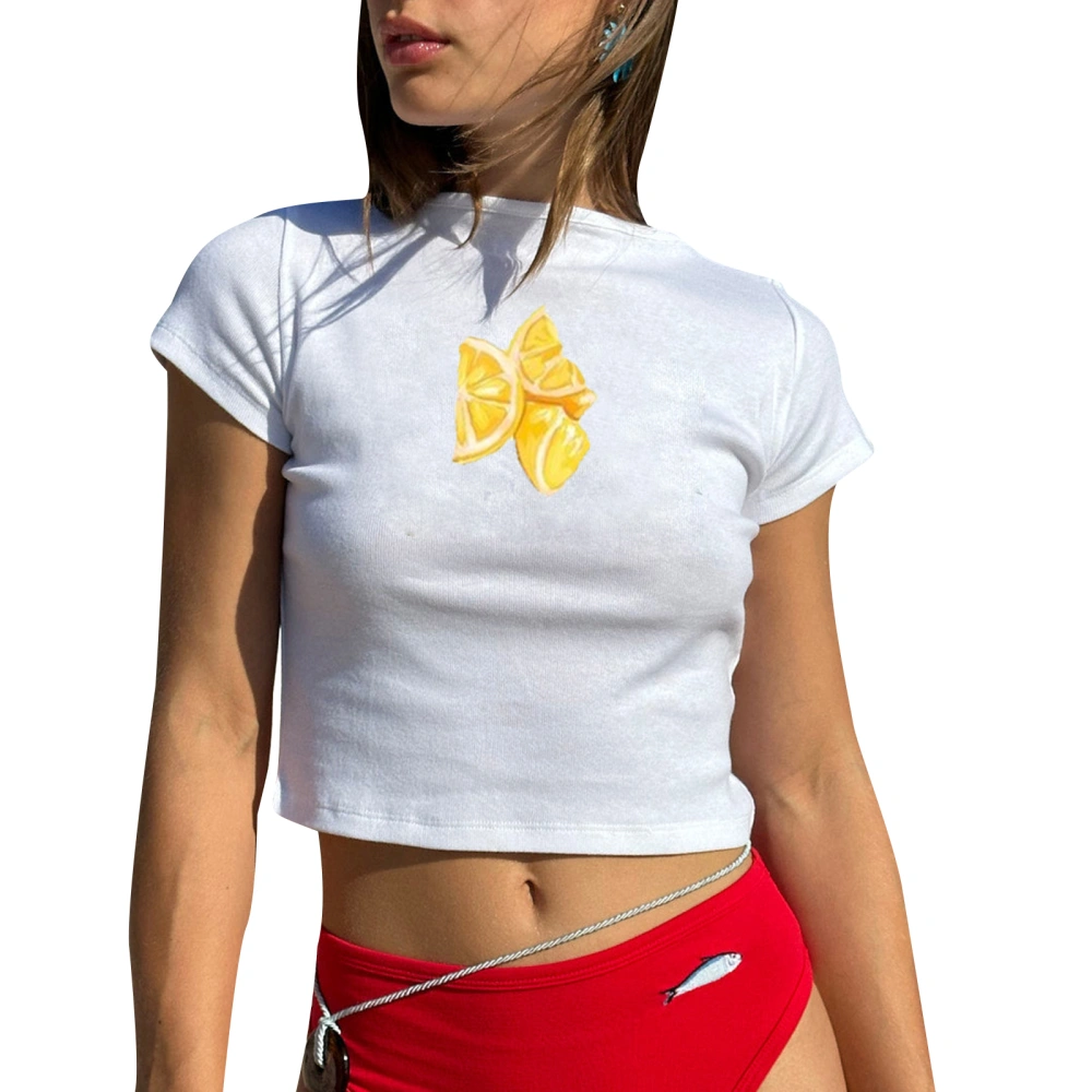 Women's Crew Neck Cropped Tops Cute Graphic Short Sleeve Slim Fit Tees