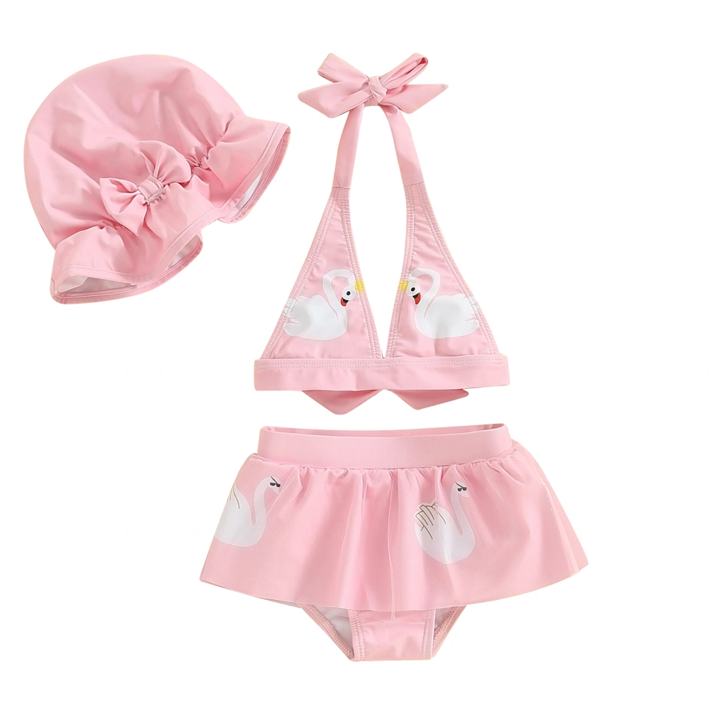 Toddler Girls 3Pcs Swimsuits Swan Print Bikini Sets Tops Shorts Hat