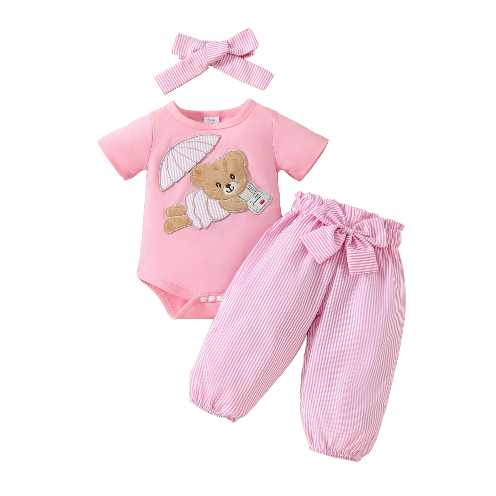 Baby Girls Summer Outfit, Bear Romper Striped with Pants Headband