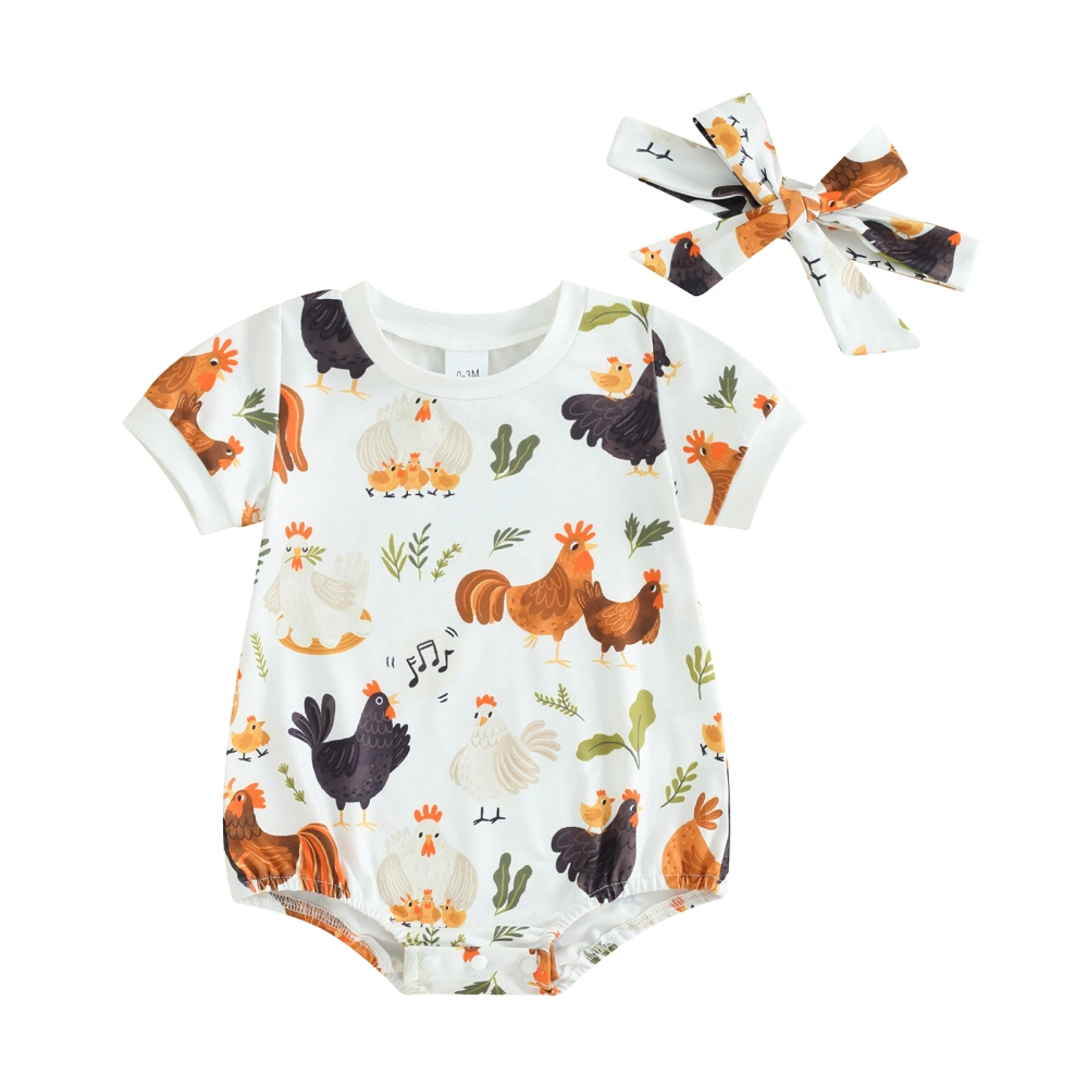 Baby Girl Outfits Short Sleeve Chicken Print Romper with Headband 