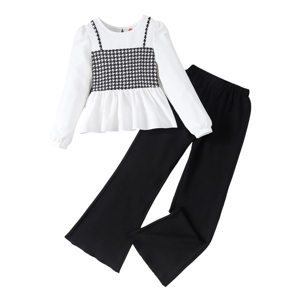 Girl Pants Sets Long Sleeve Houndstooth Print Tops Black Pants Set