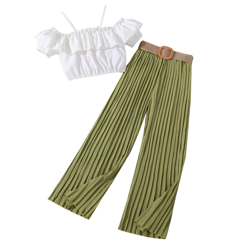 Girls Summer Set, Off Shoulder Ruffle Trim Tops + Pleated Long Pants 