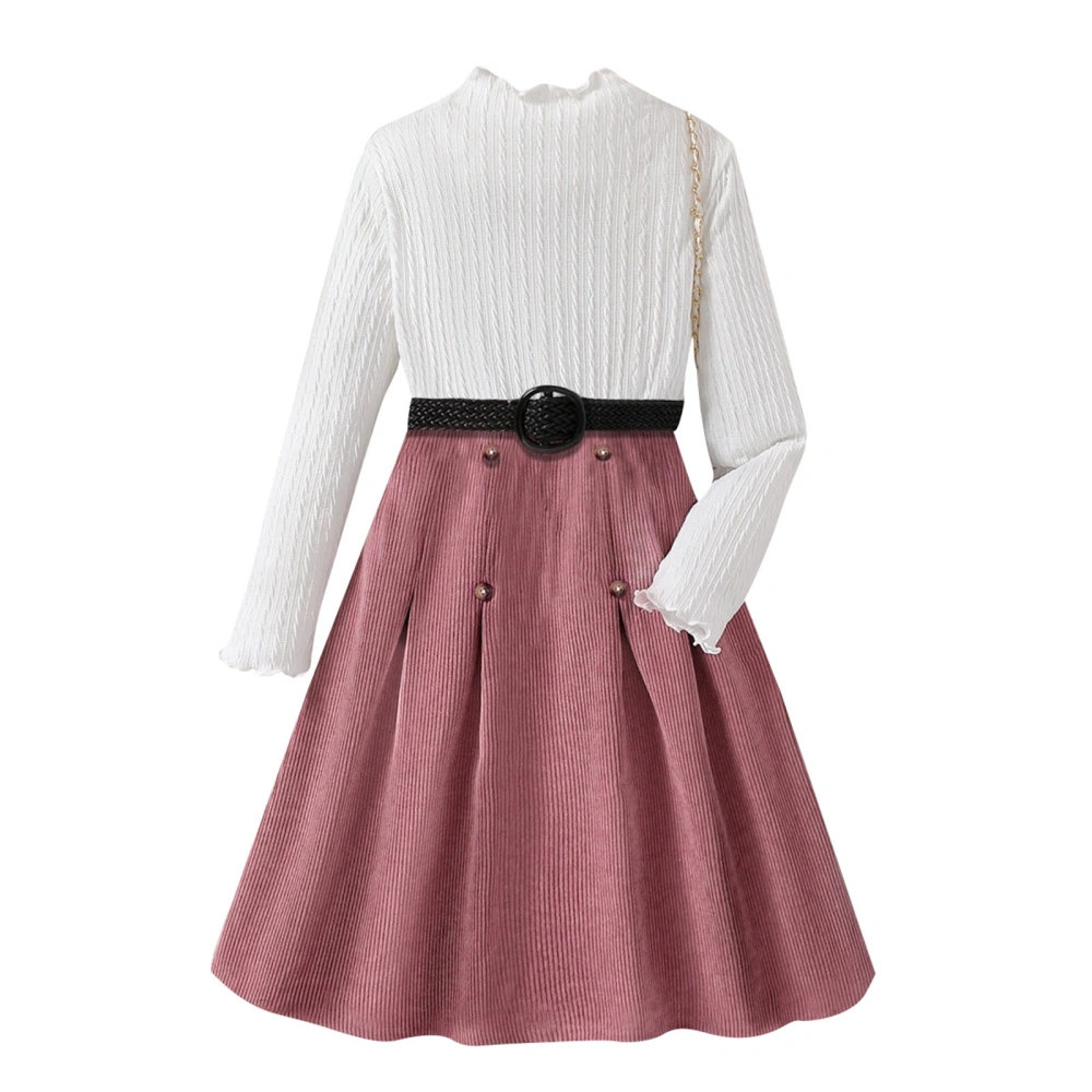 Kids Girls Dress Patchwork Mock Neck Long Sleeve Dress with Belt