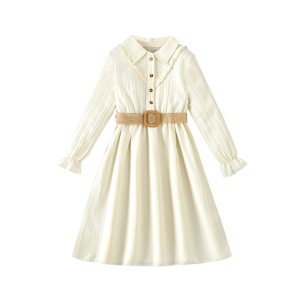 Girls Autumn Dress Long Sleeve Lapel Button Up Ruffle Dress with Belt