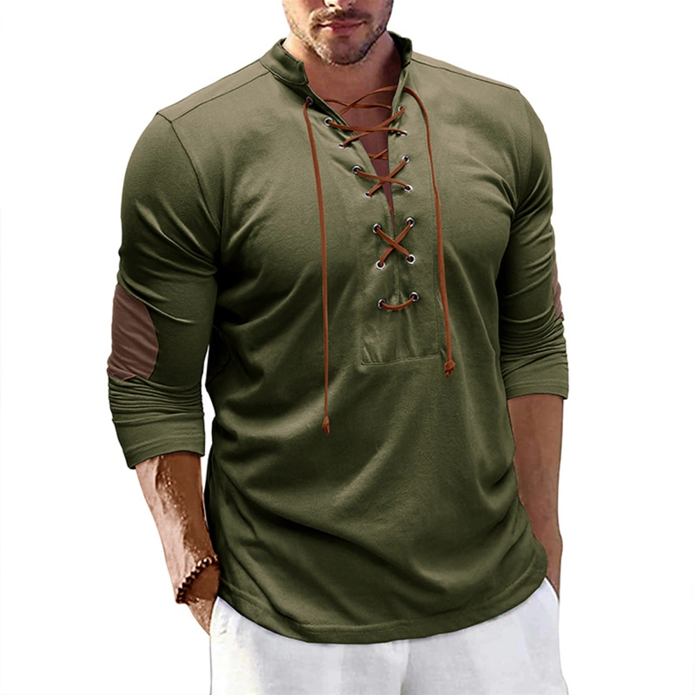 Men's Spring T-shirts Long Sleeve Mock Neck Front Tie Up Tops