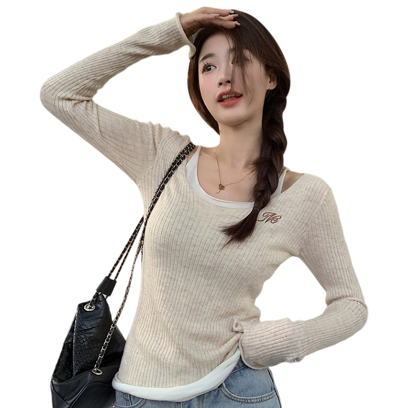 Women's Knit Tops Long Sleeve U Neck Fake Two Pieces Ribbed Knitwear