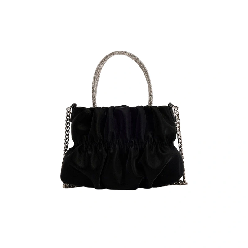 Women Large Clutch Purse Ruched Shoulder Bag with Rhinestone Handle