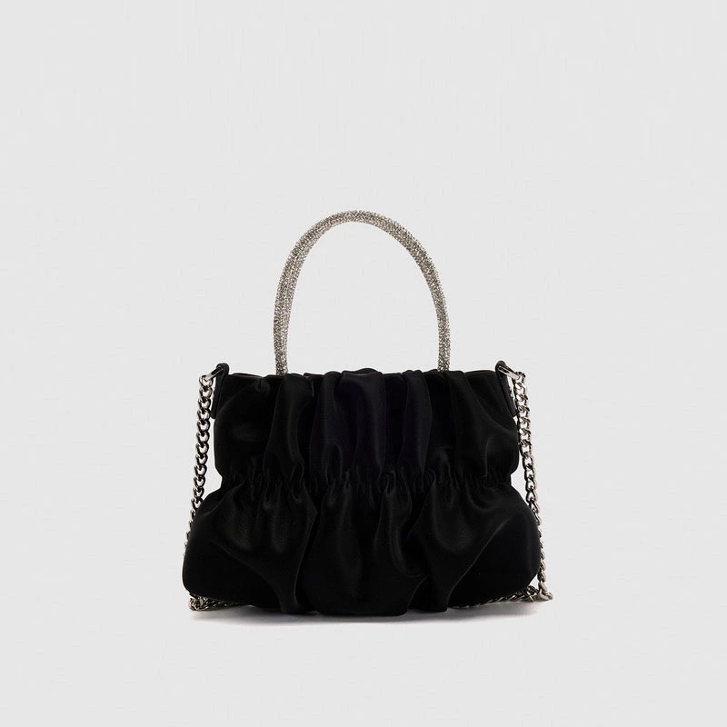 Women Large Clutch Purse Ruched Shoulder Bag with Rhinestone Handle