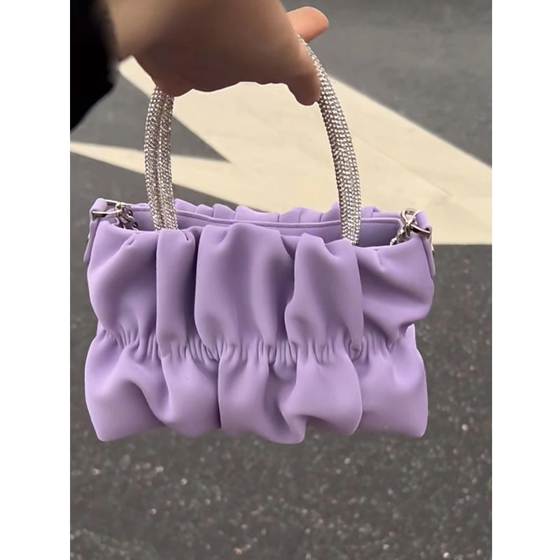 Women Large Clutch Purse Ruched Shoulder Bag with Rhinestone Handle