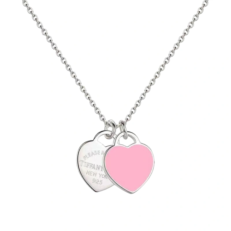 Double Heart Necklace Cute Heart Tag Pendant Necklace Enamel Jewelry