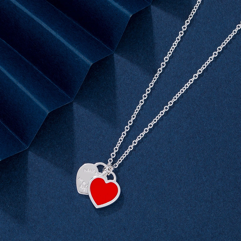 Double Heart Necklace Cute Heart Tag Pendant Necklace Enamel Jewelry