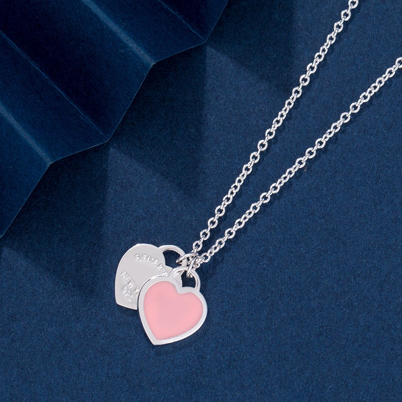 Double Heart Necklace Cute Heart Tag Pendant Necklace Enamel Jewelry