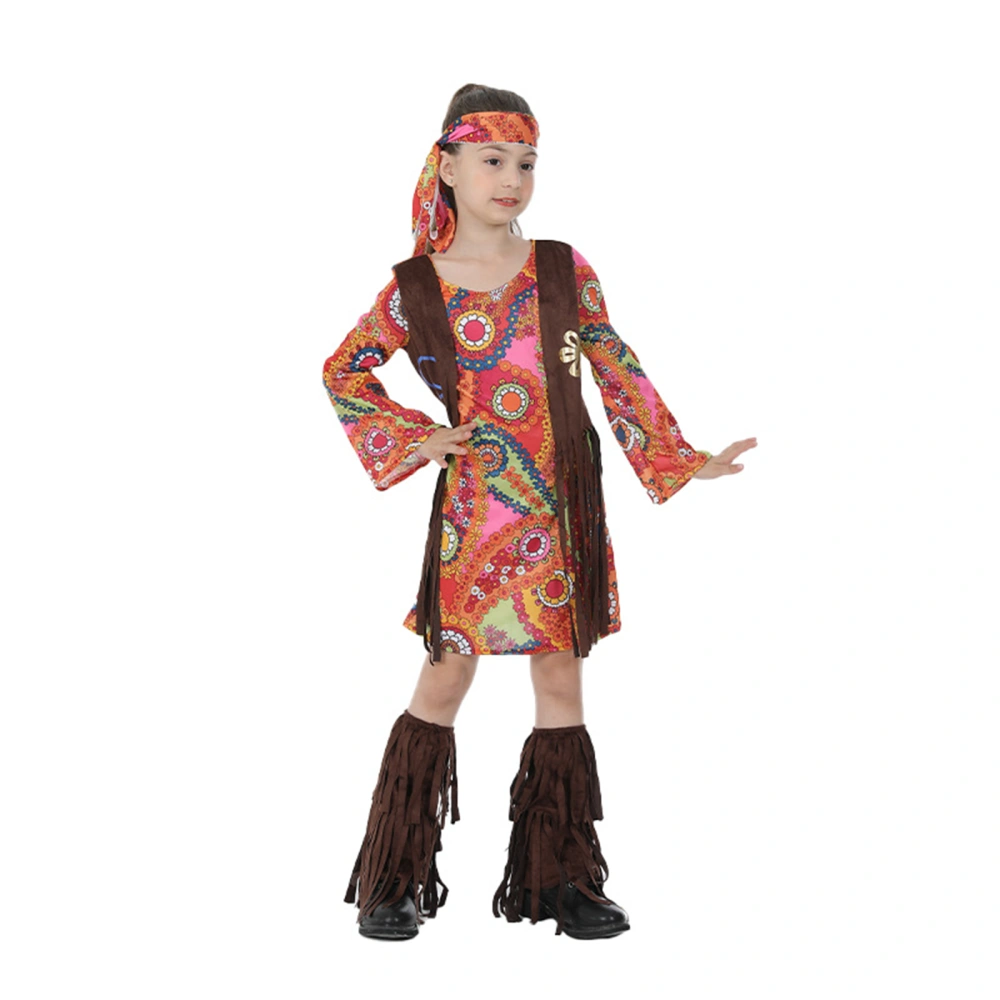 Girls Hippie Costume Set, Long Sleeve Dress + Headband + Shoe Covers 