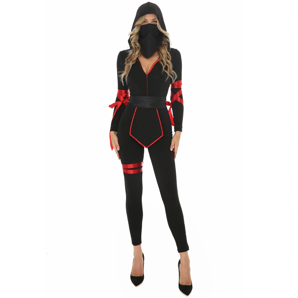 Women Ninja Costume Set Long Sleeved Hood Jumpsuit Facewear Belt