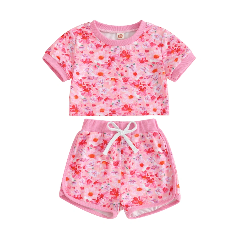 Toddler Girl 2Pcs Summer Outfits Floral Print Tops + Drawstring Shorts