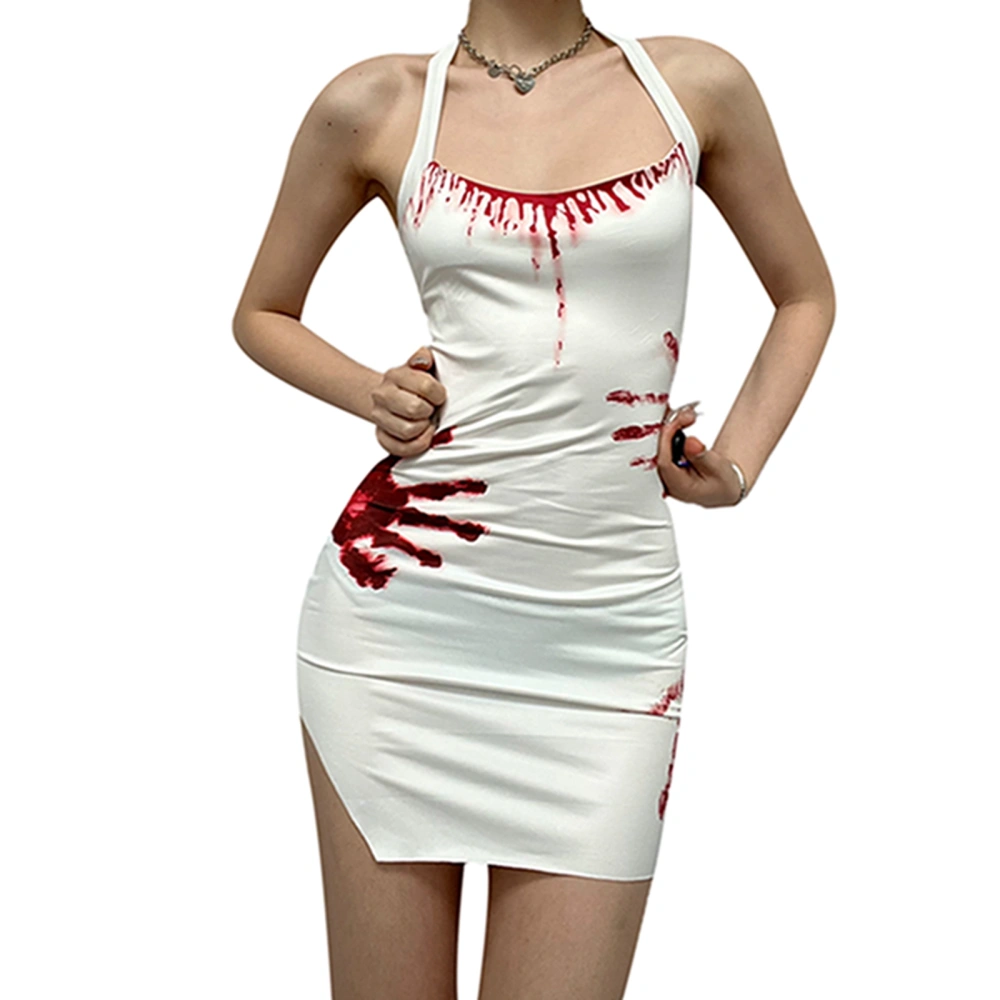 Women Halter Neck Dress Blood Handprint Print Backless Split Dress