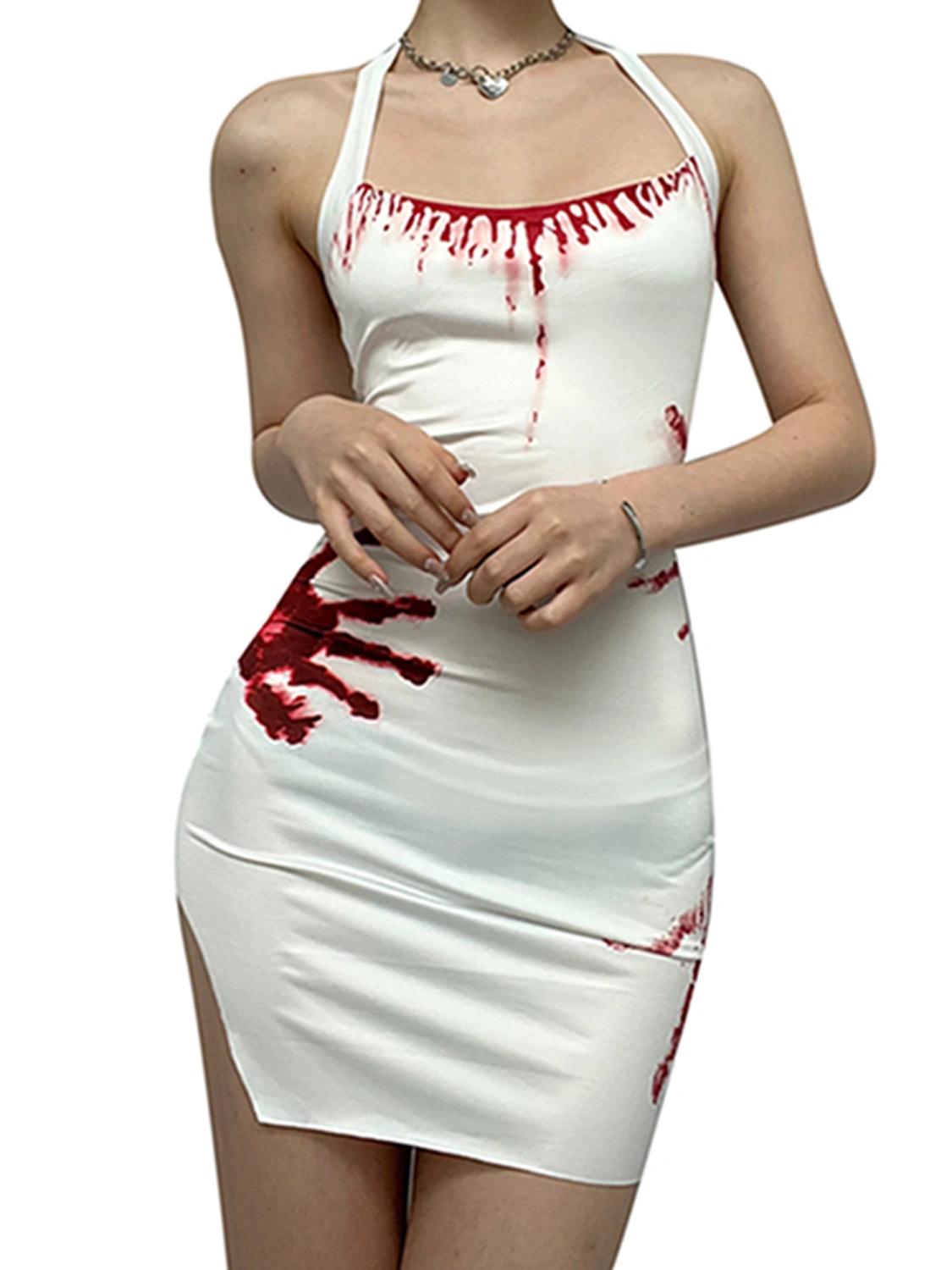 Women Halter Neck Dress Blood Handprint Print Backless Split Dress