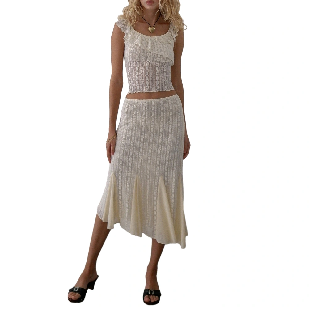 Women 2 Piece Lace Set, See Through Fill Trim Crop Tops + Midi Skirt 