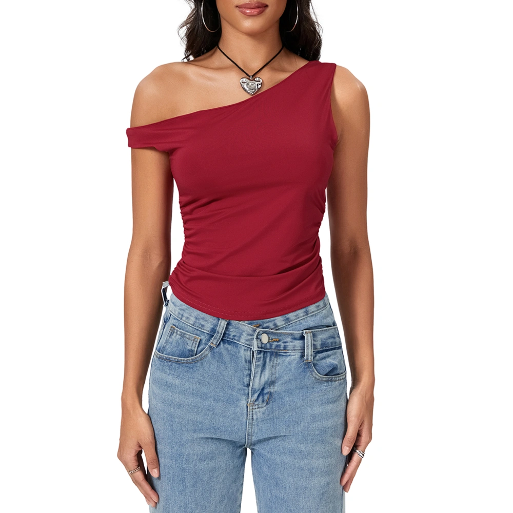 Women's Tight Fitted Slash Neck One Shoulder Sleeveless Crop Tops