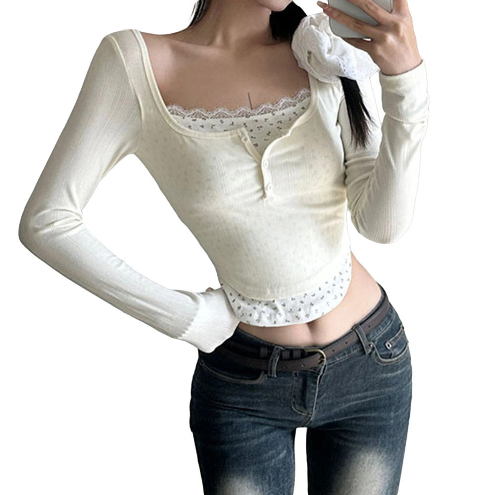 Women T-shirt Long Sleeve Square Neck Lace Trim Floral Fall Tops