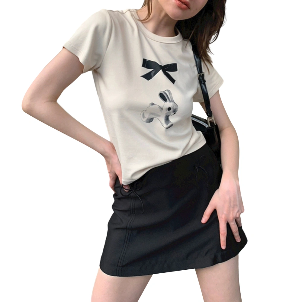 Women Summer T-Shirt Cute Bow Bunny Print Short Sleeve Tops Pullovers 