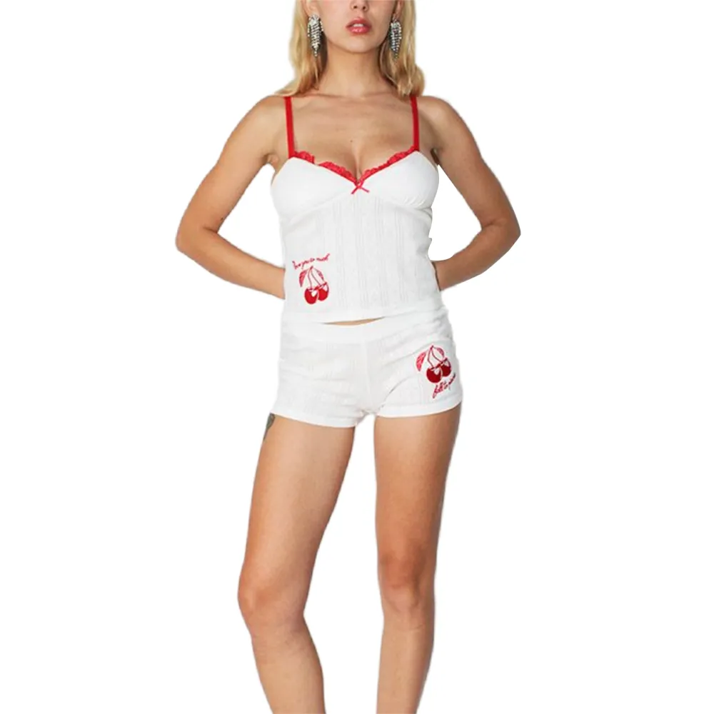 Women Pajama Set, Embroidery Cherry Sleeveless Camisole with Shorts