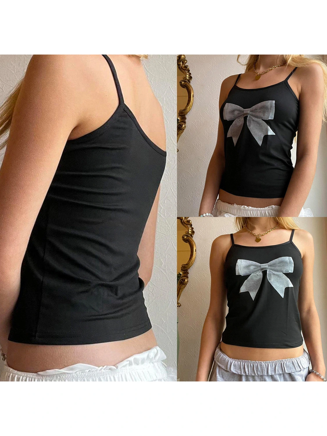 Women's Sweet Slim Cami Tops Bow Print Spaghetti Strap Vest 
