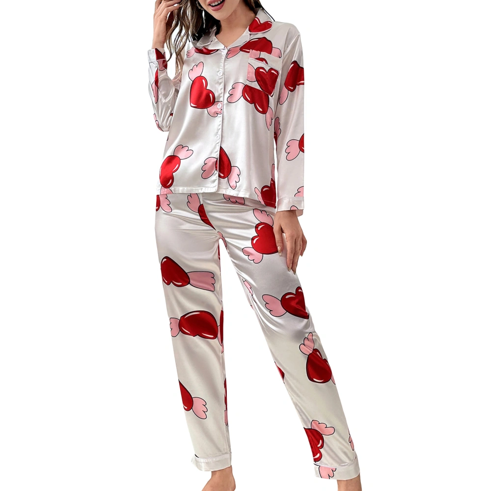 Women’s 2 Piece Satin Pajamas Heart Print Button Down Shirt + Pants