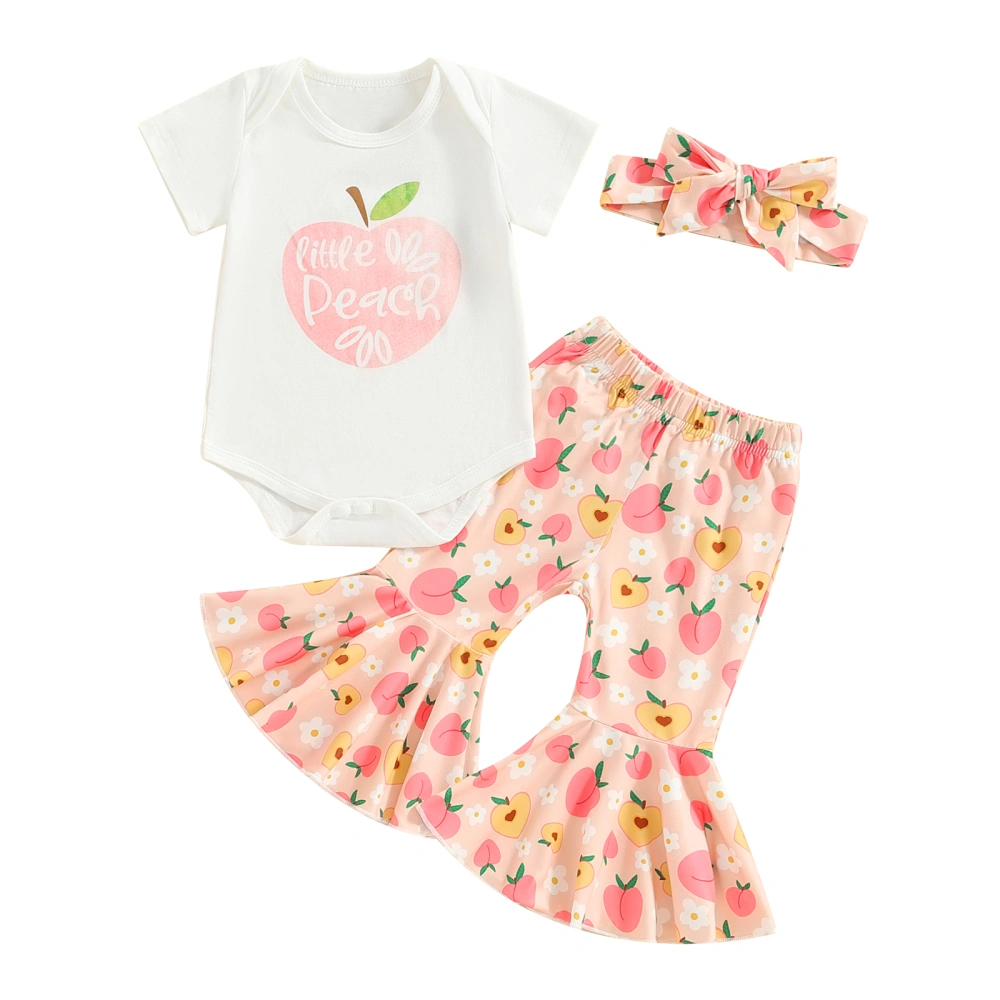 Baby 3PCS Sets Short Sleeve Romper Peach Print Pants Headband Set