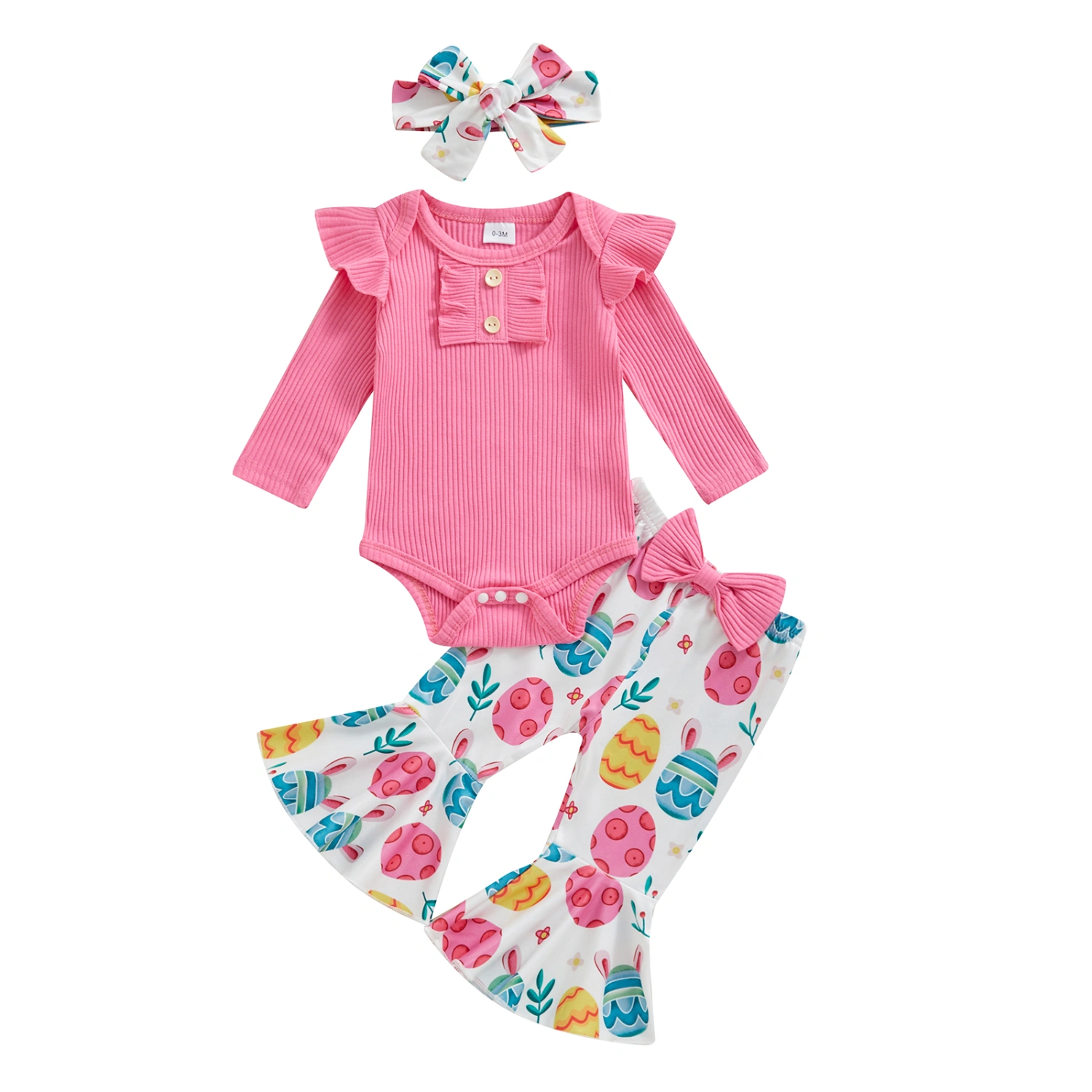 Baby Girls Easter Outfits Ribbed Knit Rompers Flare Pants Headband