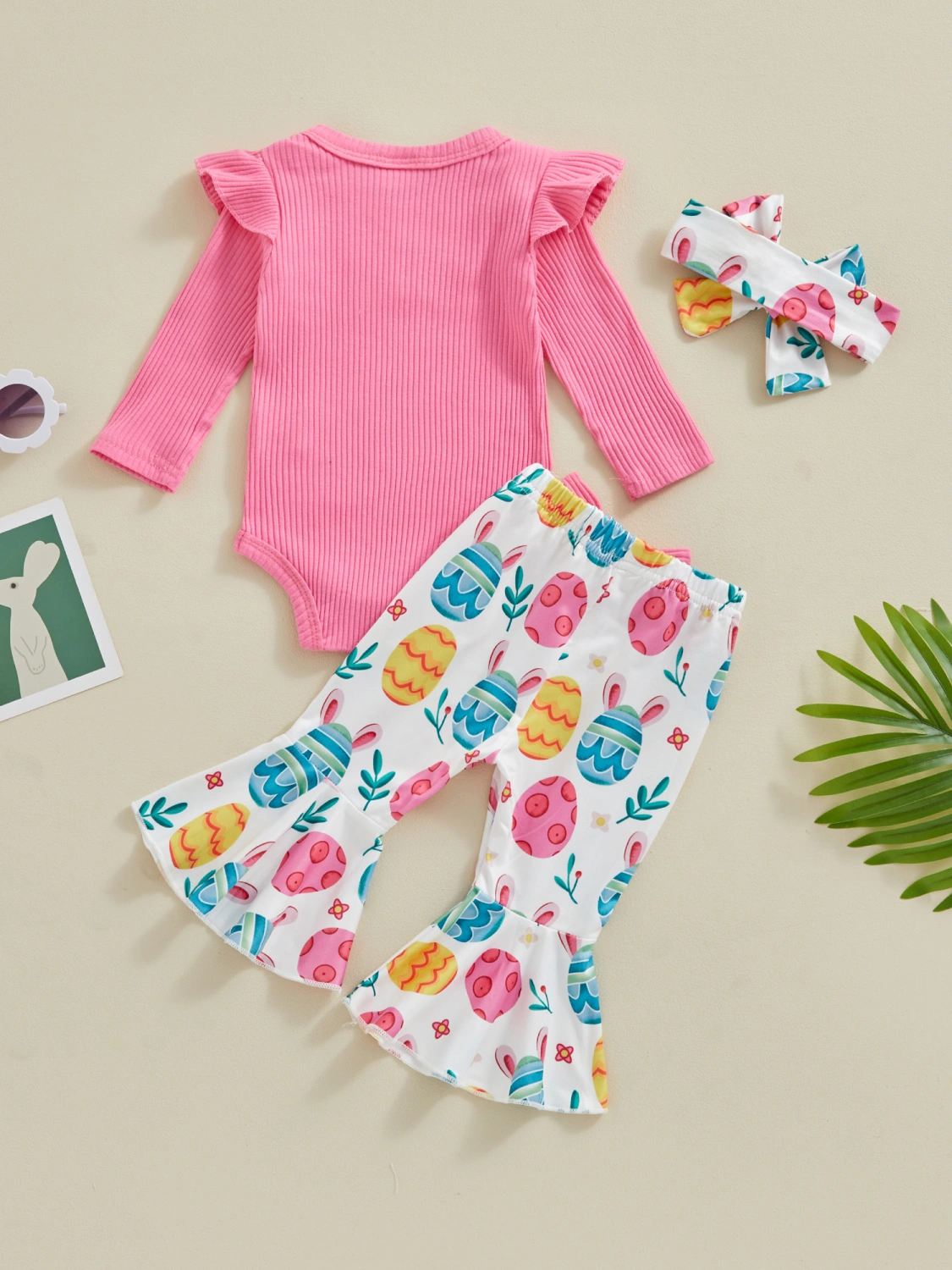 Baby Girls Easter Outfits Ribbed Knit Rompers Flare Pants Headband