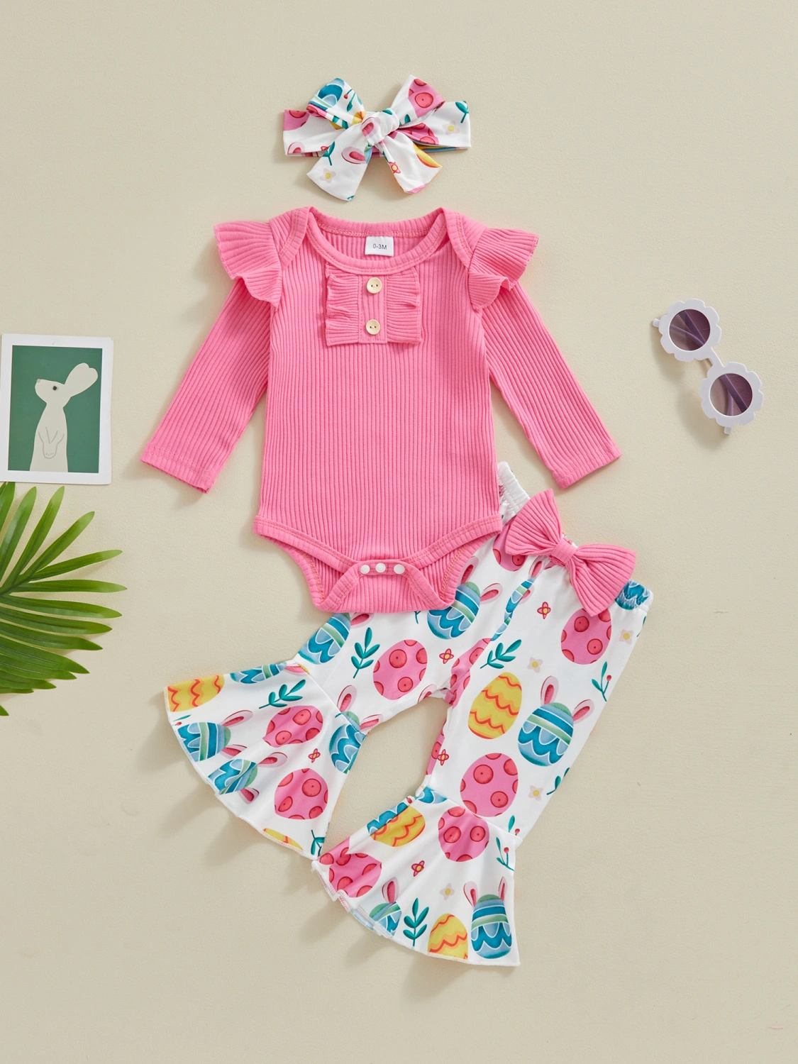 Baby Girls Easter Outfits Ribbed Knit Rompers Flare Pants Headband