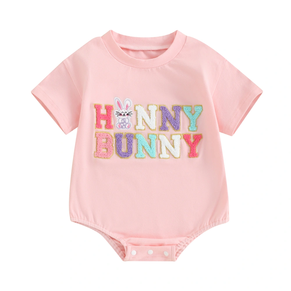 Baby Girls Easter Romper, Short Sleeve Embroidery Letters Bodysuit