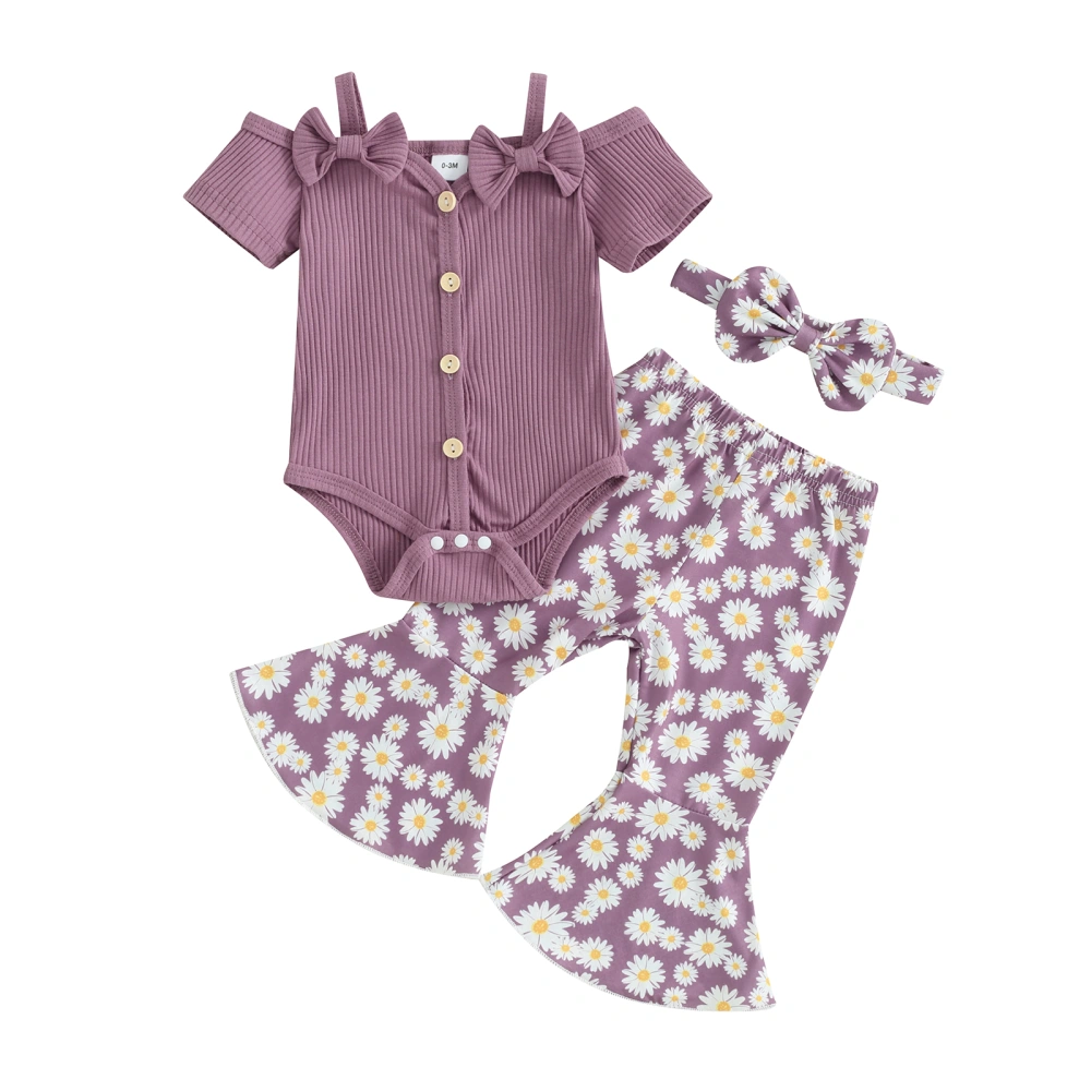 Baby Girls Spring Outfits Bow Front Romper + Flare Pants + Headband