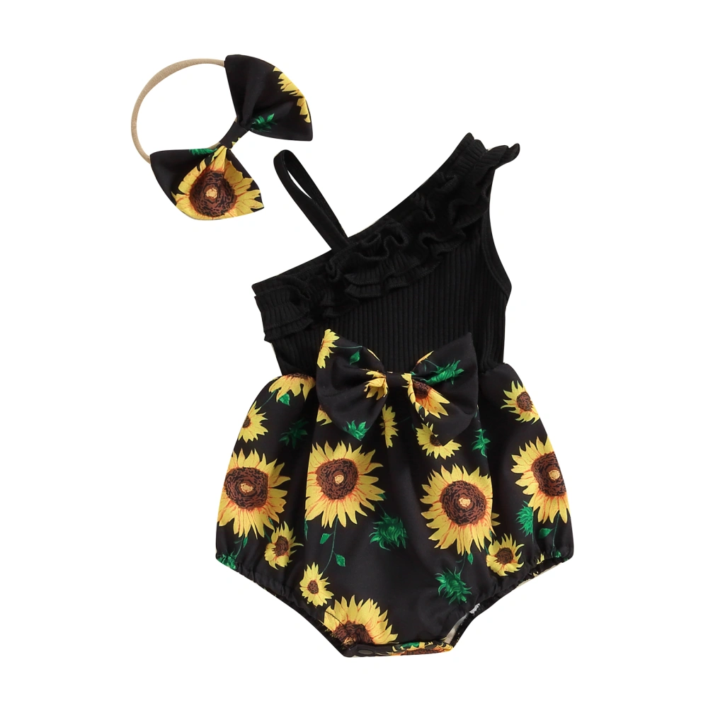 Girl 2 Piece Outfits Sunflower Print Sleeveless Romper and Headband