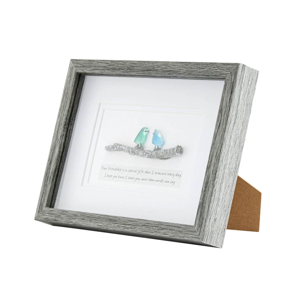 Sea Glass Art Wall Decor with Wood Frame, 2 Sea Glass Birds on Branch