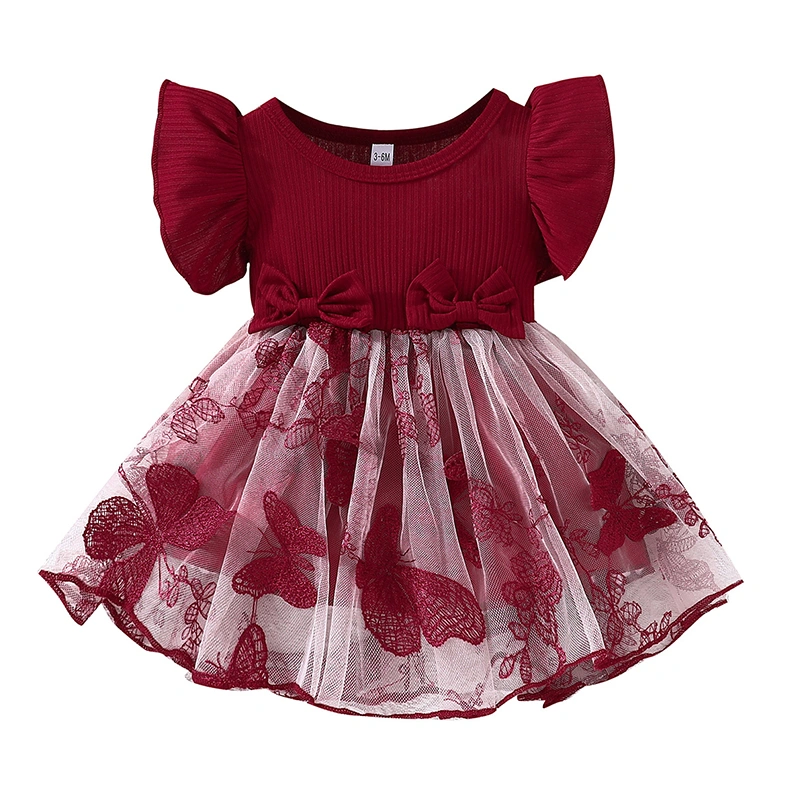 Baby Girl Elegant Round Neck Fly Sleeve Bow Butterfly Embroidery Dress