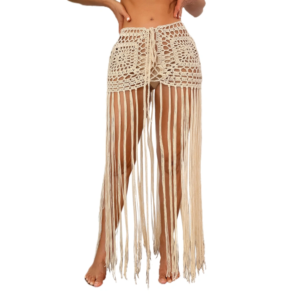 Women Crochet Hollow-Out Sarongs Solid Color Tassel Beach Skirts