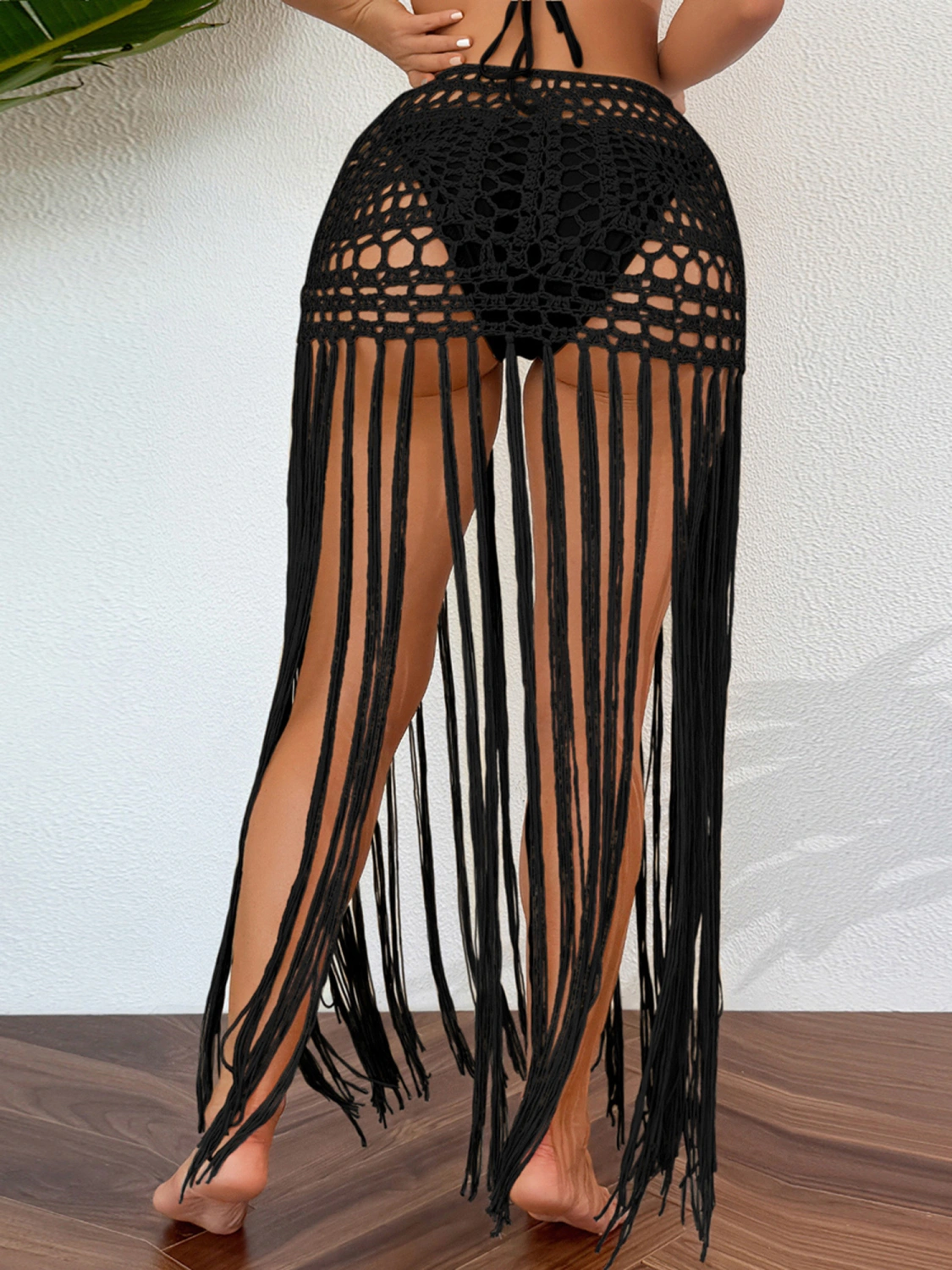 Women Crochet Hollow-Out Sarongs Solid Color Tassel Beach Skirts