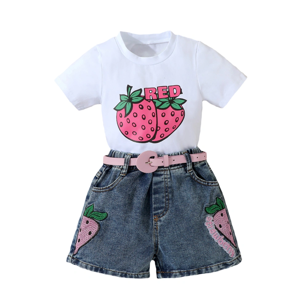 Girls Shorts Set, Short Sleeve Strawberry T-shirt Denim Shorts Belt